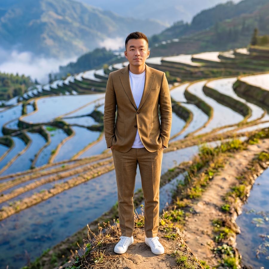 回春視務所職人於戶外自然光下的人像，體現對光影雕刻的長年鑽研